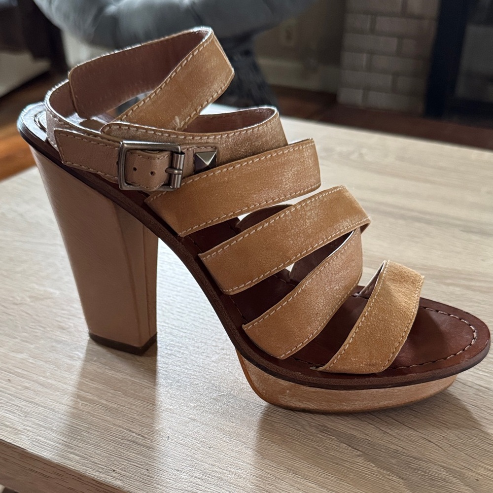7 For All Mankind Tan Strappy Heels